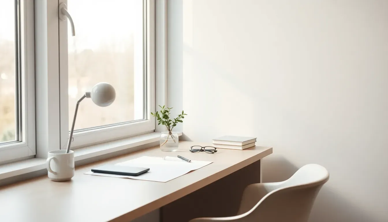 Skrivebord ved et vindue med lampe, kop, briller og en lille plante i dagslys.