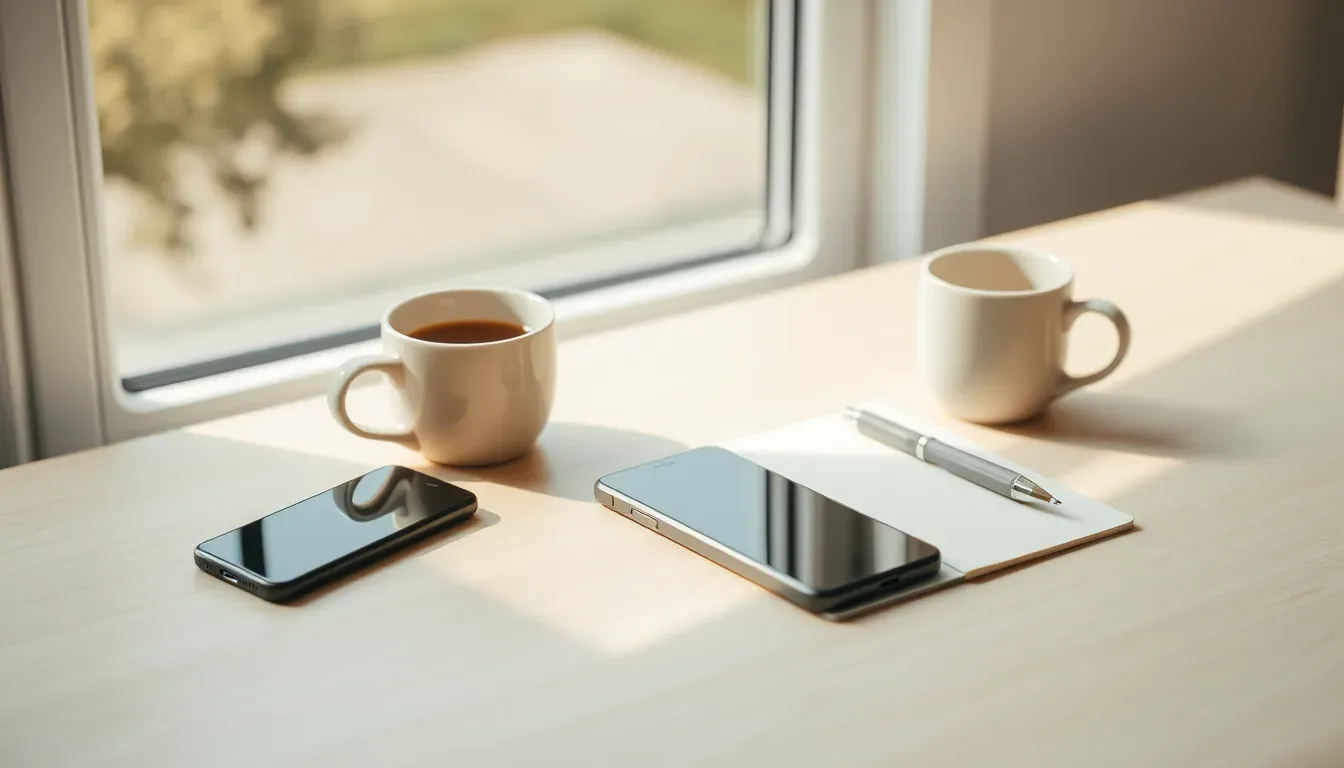Smartphone, kaffekop og notepad med pen på lyst træbord i morgenlys.
