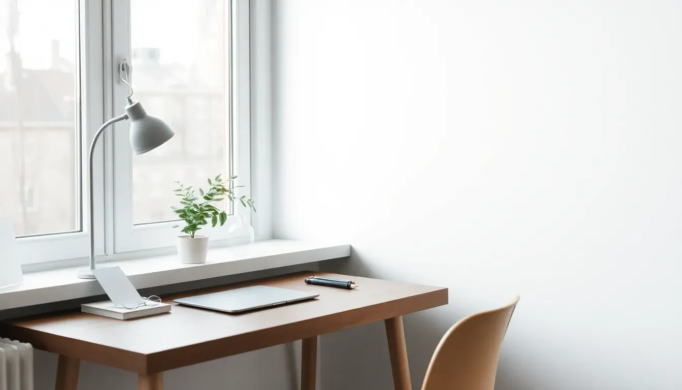 Skrivebord ved et vindue med bordlampe, notesblok og en potteplante i dagslys.