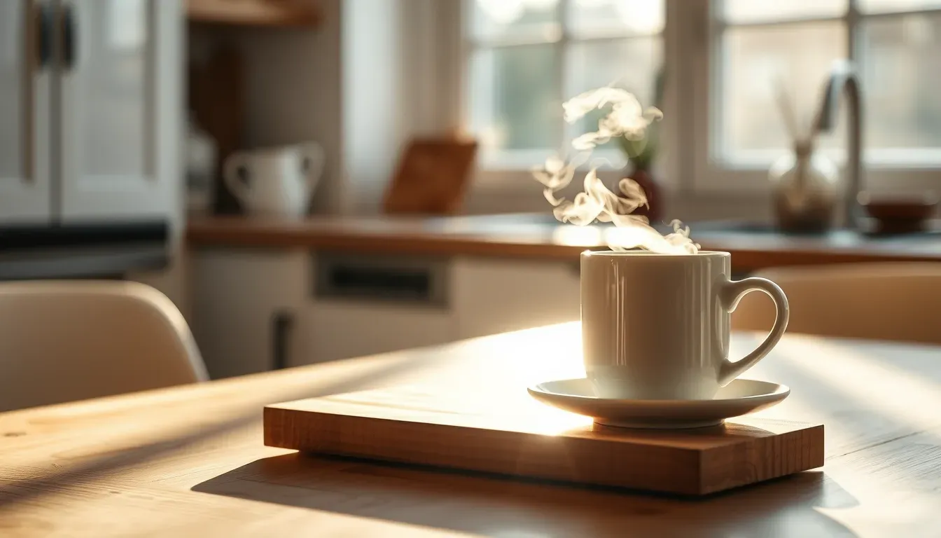 En dampende kaffekop på et træbræt i et køkken i morgenlys.